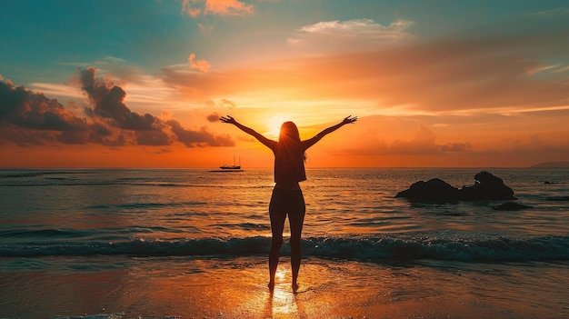 mulher de forte confiança de braços abertos sob o nascer do sol à beira-mar