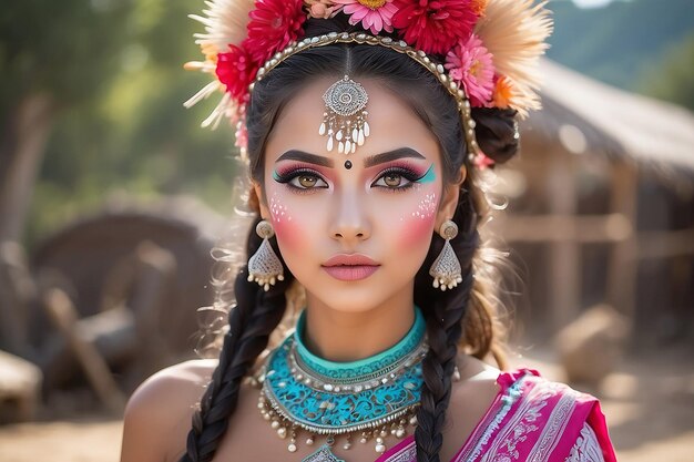 Mulher de frente com look de festival e maquiagem