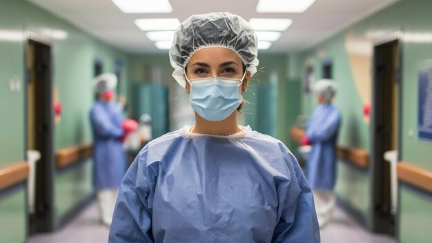 Mulher de frente vestindo roupas de proteção no hospital