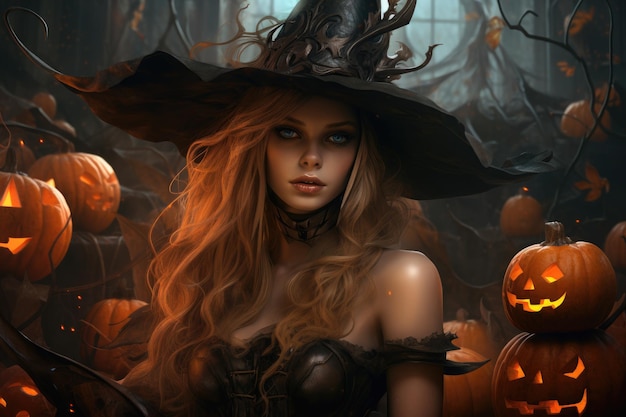 Mulher de fundo Jack o lantern fantasiada de bruxa com chapéu