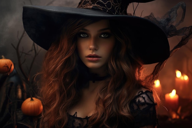 Mulher de fundo Jack o lantern fantasiada de bruxa com chapéu