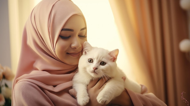 Mulher de hijab brincando com seu gato dentro de casa Fotografia em tons castanhos