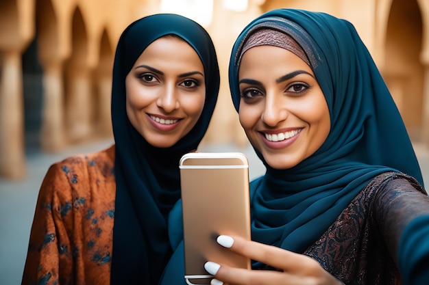 Mulher de hijab e amiga sorrindo tirando selfie com smartphone Amizade alegre capturada