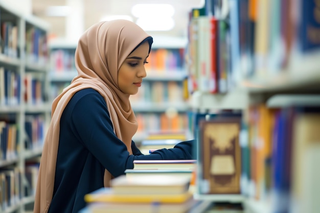 Mulher de hijab estudando em uma biblioteca cercada de livros