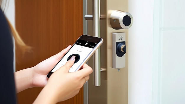 Foto mulher de ia generativa bloqueia um smartlock na porta da frente com seu telefone
