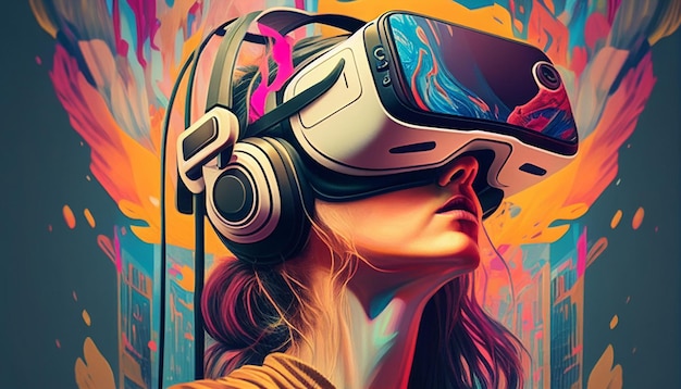 Mulher de IA generativa com fone de ouvido VR explorando o metaverso