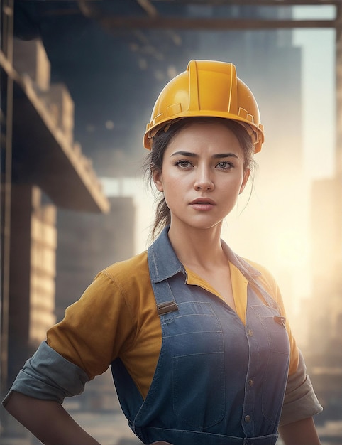 Mulher de imagem gerada por IA usando chapéu amarelo de trabalhador em um ambiente de construção