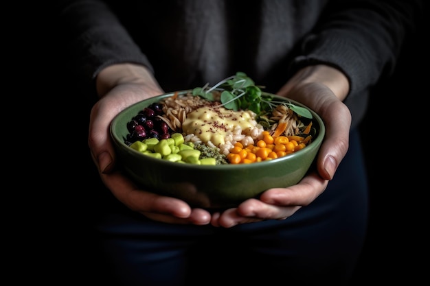 Mulher de jantar vegetariano saudável com tigela de superalimento generativa IA