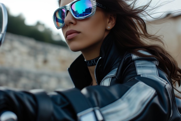 Mulher de jaqueta de motociclista com óculos de sol refletores em um helicóptero