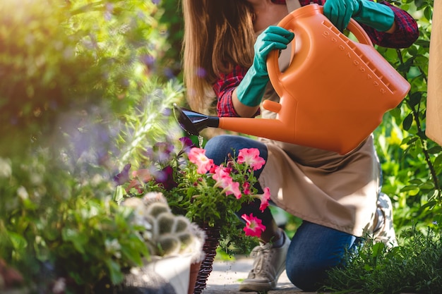 Foto mulher de jardineiro regando flores no jardim em casa. jardinagem e floricultura, cuidados com flores