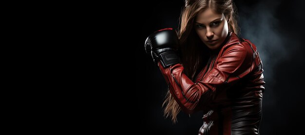 Mulher de kickboxing em roupas ativas e luvas vermelhas de kick boxing em fundo preto executando um chute de artes marciais Exercício esportivo treino de fitness Gerado com IA