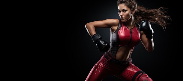 Mulher de kickboxing em roupas ativas e luvas vermelhas de kick boxing em fundo preto executando um chute de artes marciais Exercício esportivo treino de fitness Gerado com IA