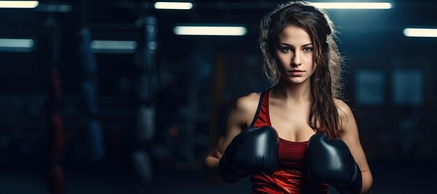 Foto mulher de kickboxing em roupas ativas e luvas vermelhas de kick boxing em fundo preto executando um chute de artes marciais exercício esportivo treino de fitness gerado com ia