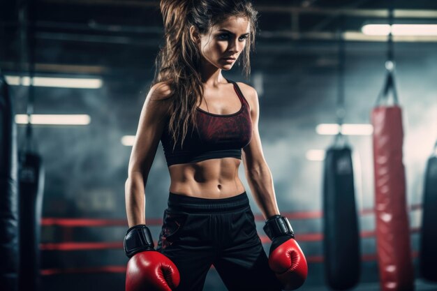 Mulher de kickboxing em roupas esportivas e luvas vermelhas de kickboxing em fundo preto Esporte exercício físico treino