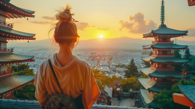 Foto mulher de kimono tradicional desfrutando da vista do pôr-do-sol na famosa pagode japonesa com vista para a cidade