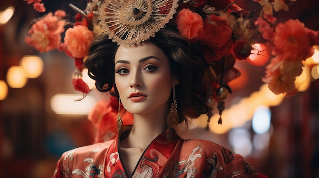 Mulher de kimono vermelho com flores na cabeça