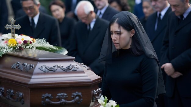 Foto mulher de luto em um funeral com caixão