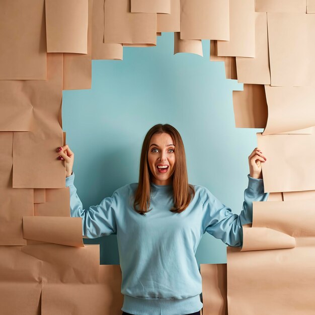 Mulher de mão com suéter azul quebrando a parede de papel e apontando para o espaço de cópia