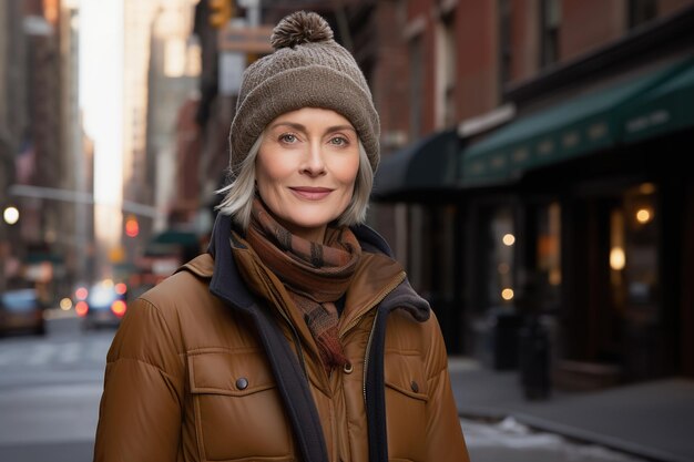 Mulher de meia-idade em roupas de inverno Retrato de rua de estilo de vida urbano