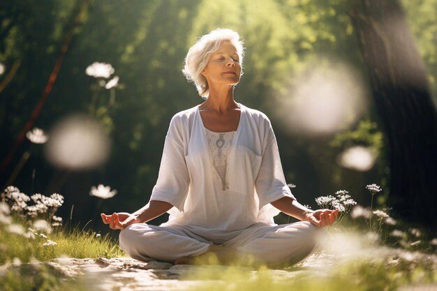Mulher de meia-idade faz ioga no parque Imagem tonada de uma mulher idosa meditando na natureza