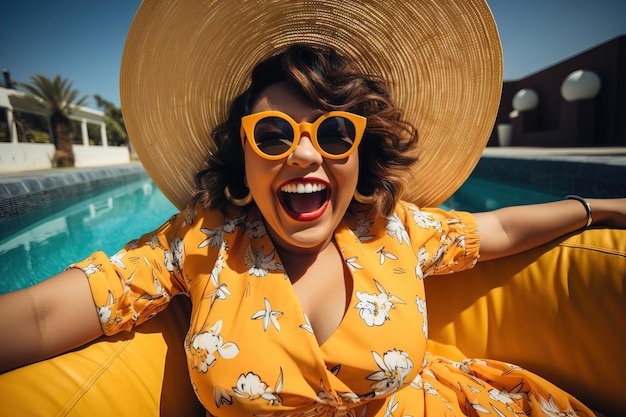 Mulher de meia-idade felizmente relaxando na piscina no verão