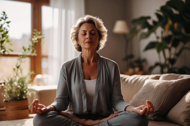 Mulher de meia-idade meditando em casa com os olhos fechados relaxando o corpo e a mente em uma sala de estar