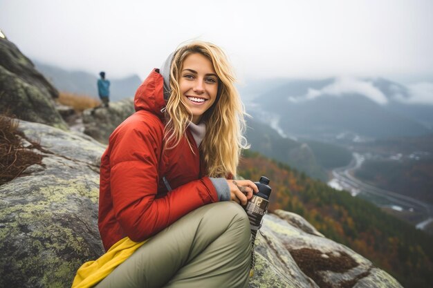 Mulher de meia-idade nas montanhas Verdadeira vida na natureza