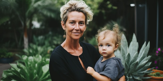 Mulher de meia idade posando com sua filha no jardim