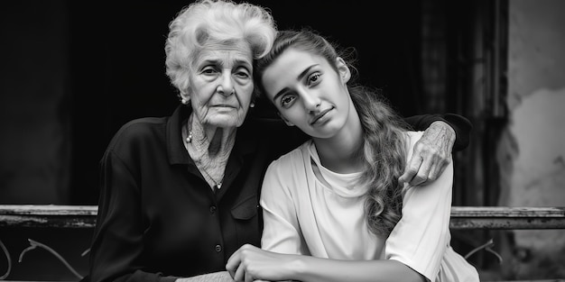 Mulher de meia idade posando com sua velha mãe no jardim