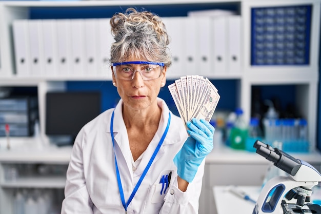 Mulher de meia-idade trabalhando no laboratório de cientistas segurando dólares pensando em atitude e expressão sóbria parecendo autoconfiante
