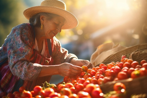 Mulher de meia-idade vendedora no mercado local de agricultores Mulher produz alimentos saudáveis e os vende Em uma barraca ao ar livre com verduras e vegetais AI Conteúdo gerado