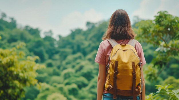 Mulher de mochila com vista para uma floresta verde exuberante