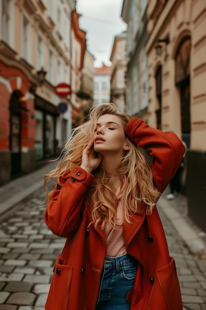 Mulher de moda bonita e atraente em casaco de outono posando contra o fundo