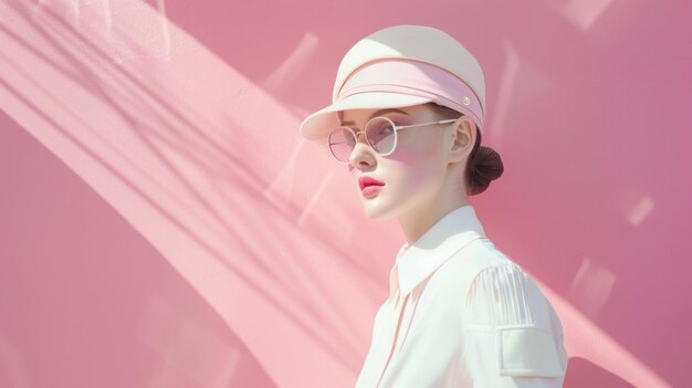 Foto mulher de moda com chapéu branco e óculos posando contra a parede rosa com a luz do sol fluindo