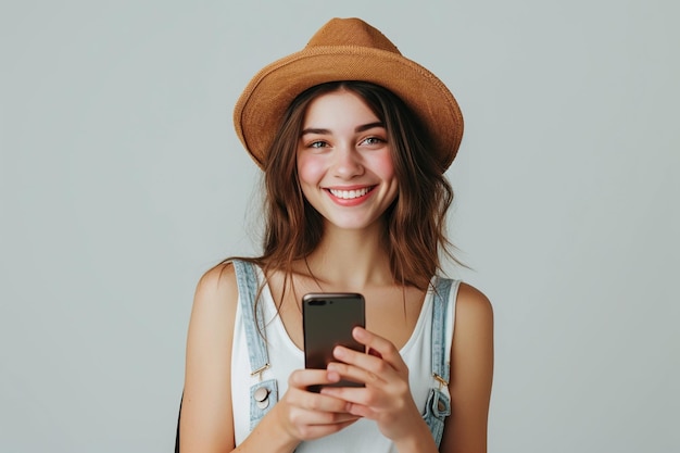 Mulher de moda sorrindo e segurando um aplicativo de smartphone em retrato de estúdio.