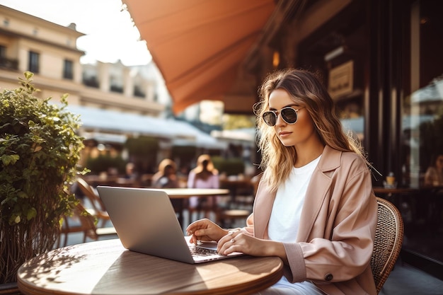 Mulher de moda trabalhando remotamente em laptop em lugar público em um café na Europa