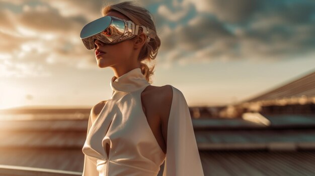Mulher de modelagem usando realidade virtual com estilo de vestido de alta costura e moda de tiro ao pôr do sol Generative AI AIG27