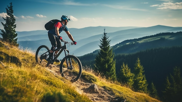 mulher de mountain bike andando de bicicleta na montanha de verão