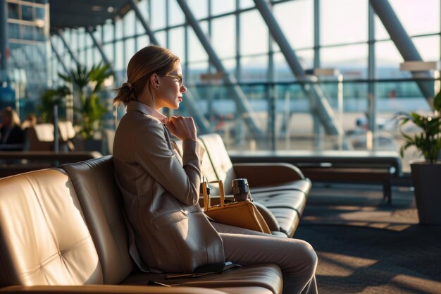 Foto mulher de negócios à espera na sala de espera do aeroporto a pensar com café