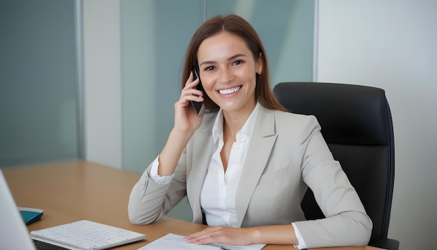 Mulher de negócios a falar ao telemóvel no escritório.