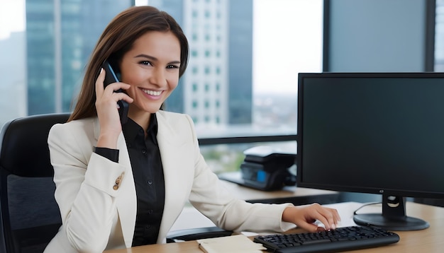 Foto mulher de negócios a falar ao telemóvel no escritório.