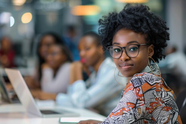 Foto mulher de negócios africana confiante trabalhando em um laptop com colegas nas proximidades