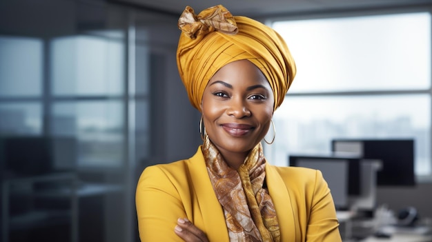 Foto mulher de negócios africana vestindo terno com turbante sorrindo no escritório