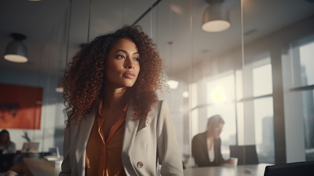 Mulher de negócios afro-americana confiante com um sorriso amigável em um escritório moderno