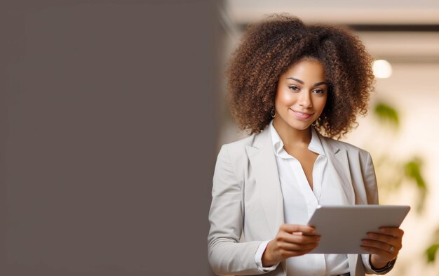 Mulher de negócios afro-americana sorridente usando tablet