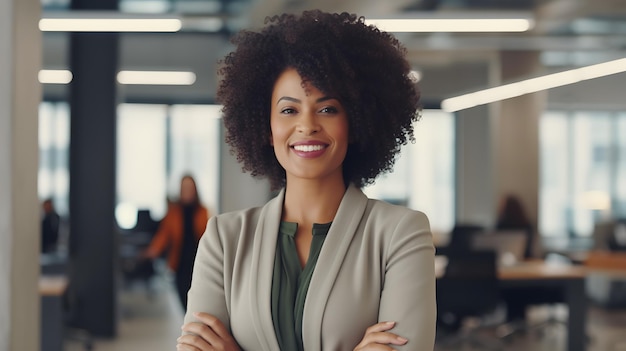 Mulher de negócios afro-americana sorrindo braços cruzados foto no escritório empregado confiante