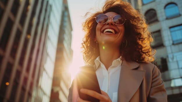 Foto mulher de negócios alegre em um ambiente urbano comemorando uma promoção de bônus ou boas notícias