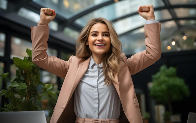 Mulher de negócios alegre, empreendedora freelancer, sorridente, conceito de projeto vencedor, grelha feliz com as mãos.