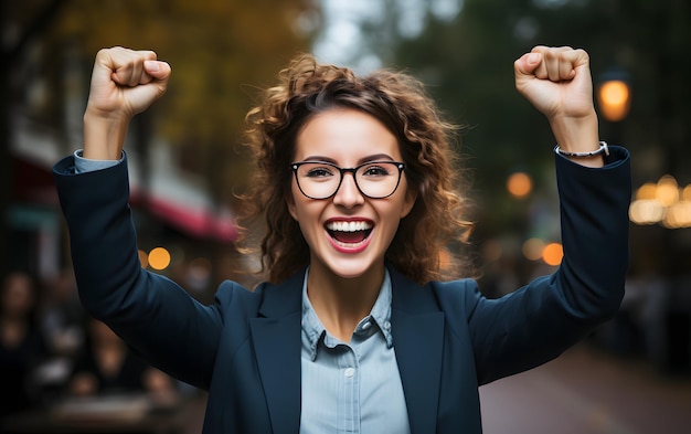 Mulher de negócios alegre, empreendedora freelancer, sorridente, conceito de projeto vencedor, grelha feliz com as mãos.