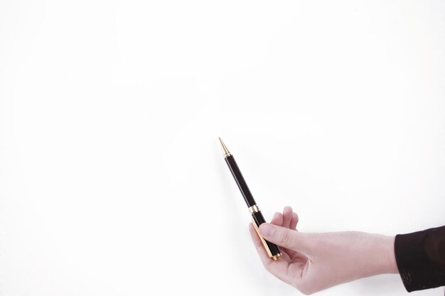 Mulher de negócios apontando com uma caneta para um ponto na tela em branco. Foto com espaço de cópia